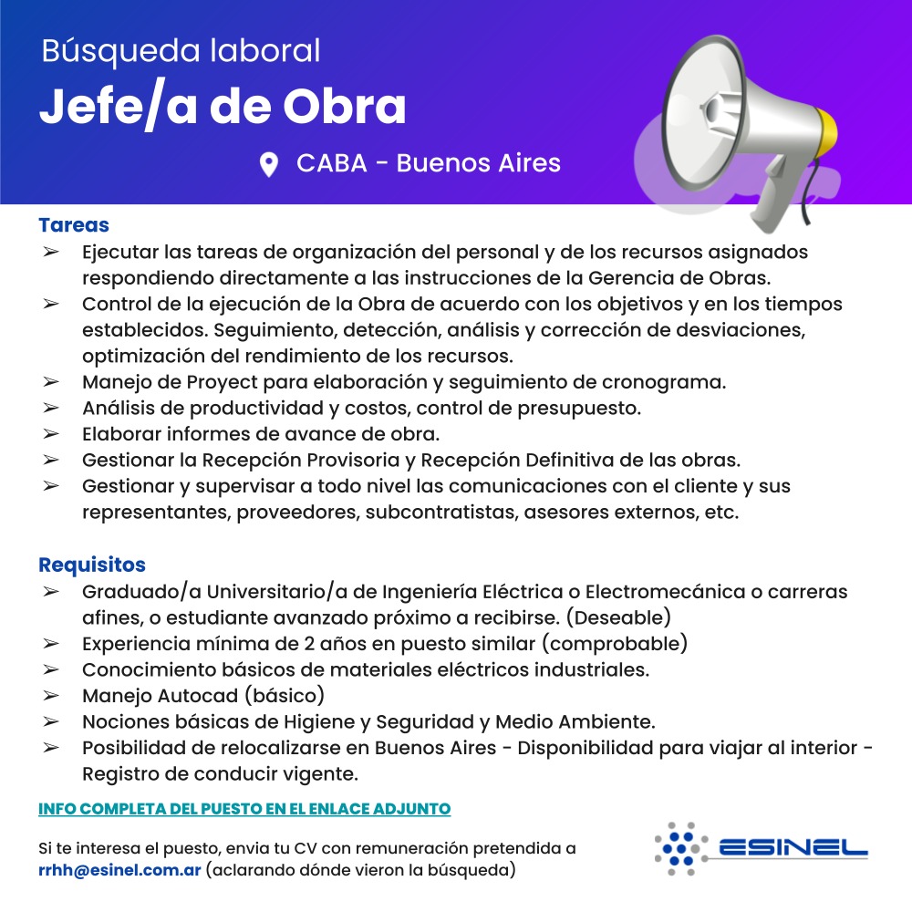 Oportunidad Laboral en Esinel – Convocatoria a Estudiantes/Graduados de Ingeniería Oportunidad Laboral en Esinel – Convocatoria a Estudiantes/Graduados de Ingeniería